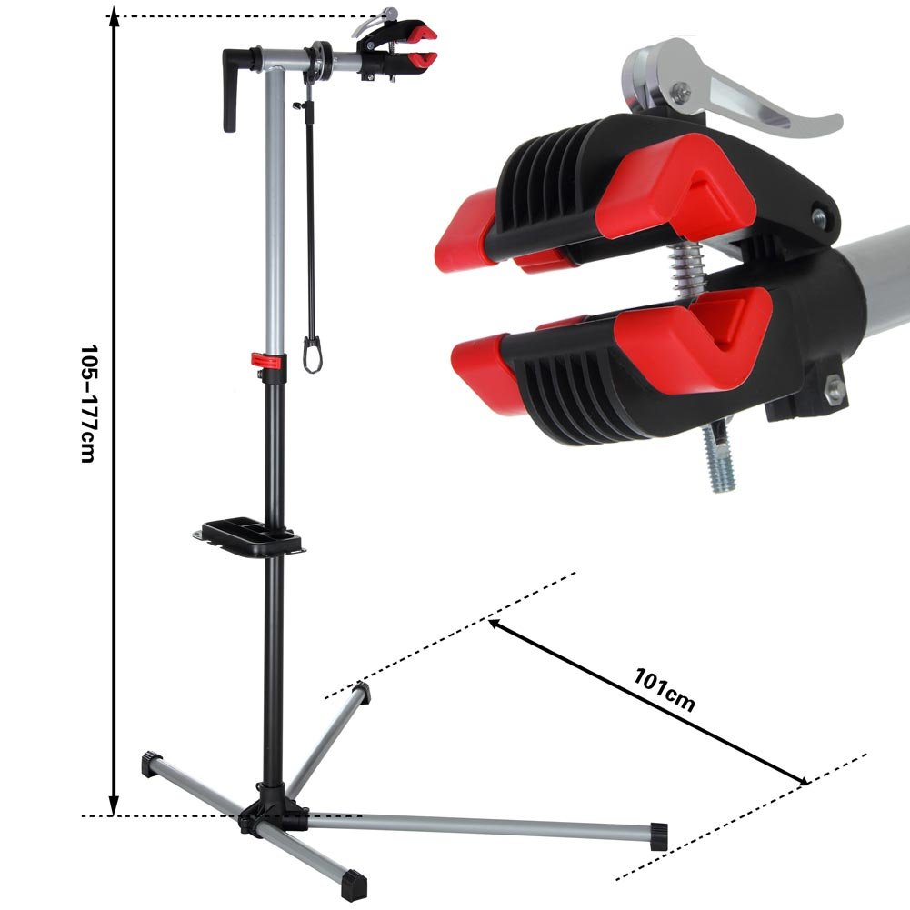 Stand Da Riparazione Per Bici BAKAJI – Pieghevole E Salvaspazio, Altezza Regolabile 113-194 Cm, Morsetto 25-55 Mm, Rotazione 360°