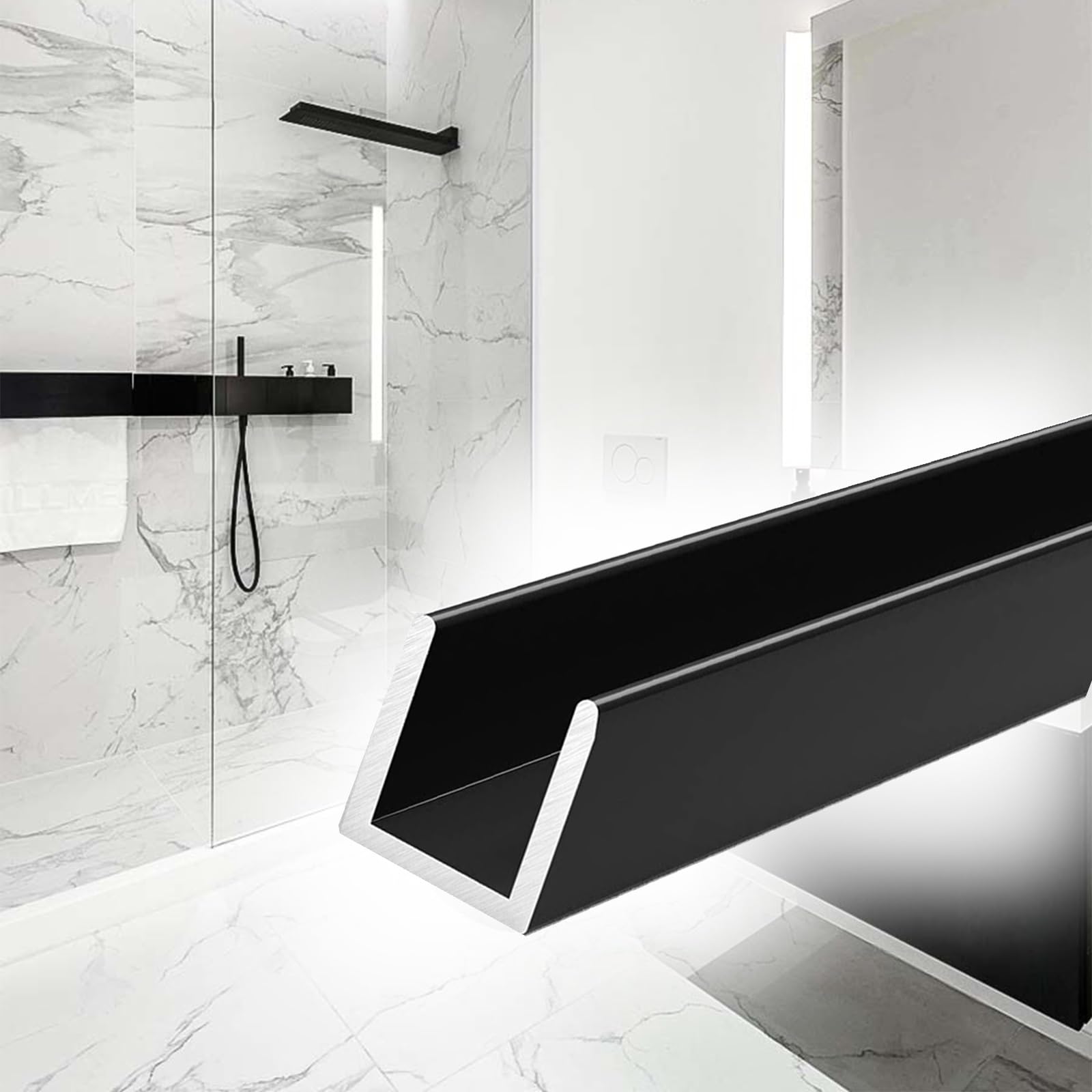 YLLFFLL U Channel Aluminum 6 8 10 12mm, Anti-Rust Aluminum Track Fits Indoor Shower Enclosure & Outdoor Terrace Glass, Floor Embedded Profile Panel Fixed Slot(Black-12mm,L-4.9ft/1.5m)