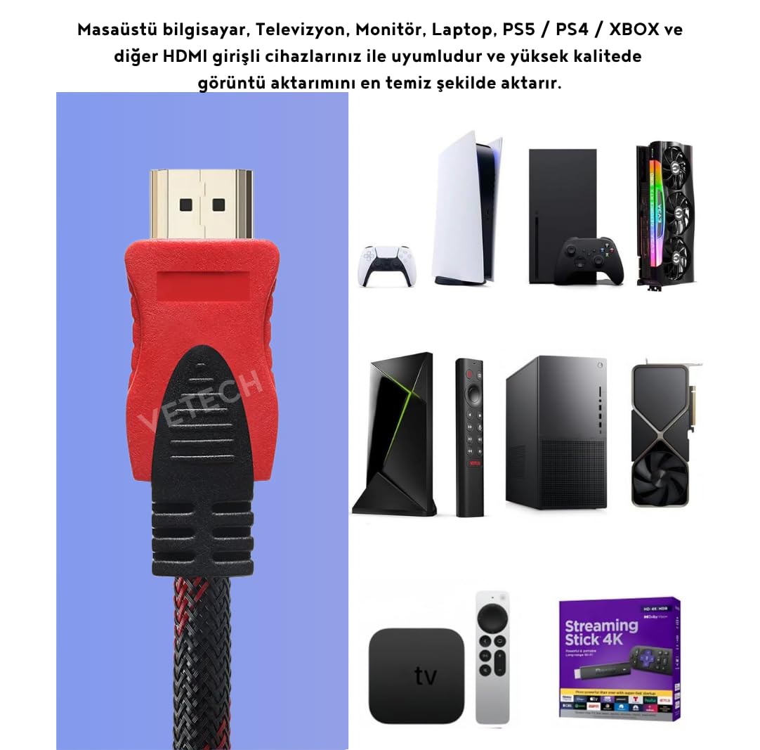 Vetech 1.5 Metre HDMI Kablo Örgü Sargılı Dayanıklı Full HD Televizyon/Monitör/TV Hdmi Kablosu/Uydu Alıcısı Uyumlu hdmi kablosu