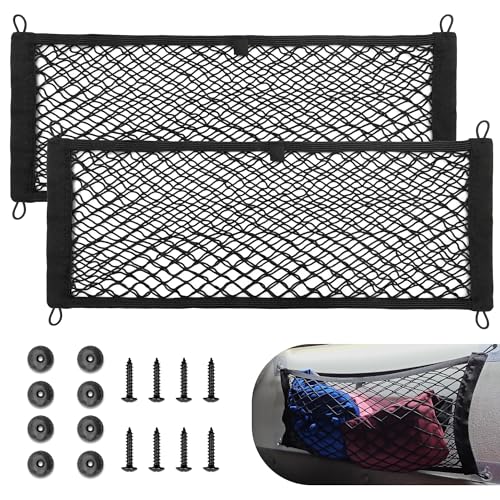 RED WOLF 2 Pcs Universal Elastic Mesh Netting Car Pouch for Trunk RV Boats Home Cargo Storage with Screws and Hooks (23.6 x 9.8)