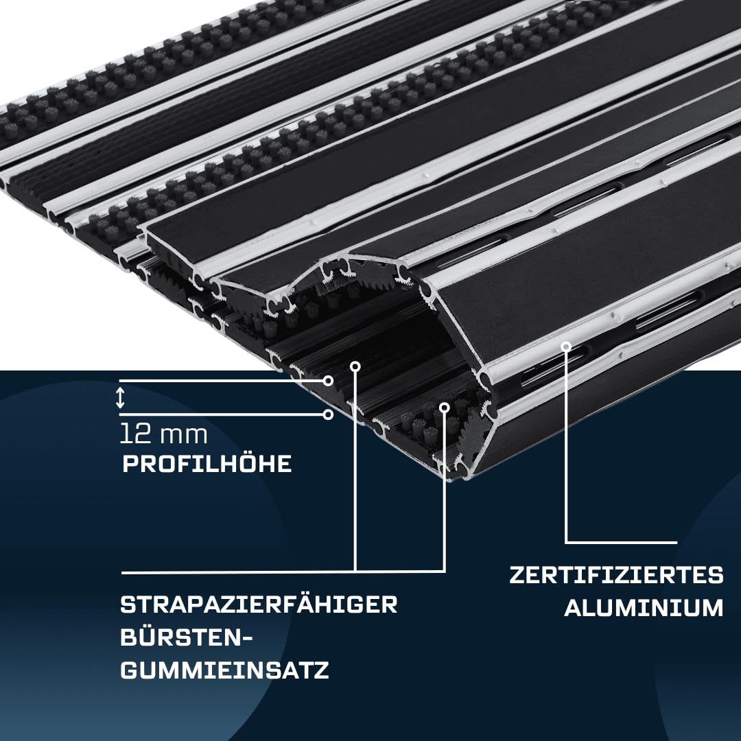 Aluminium-Fußmatte 12 mm Bürste/Gummi 100x60 cm, Schwarz