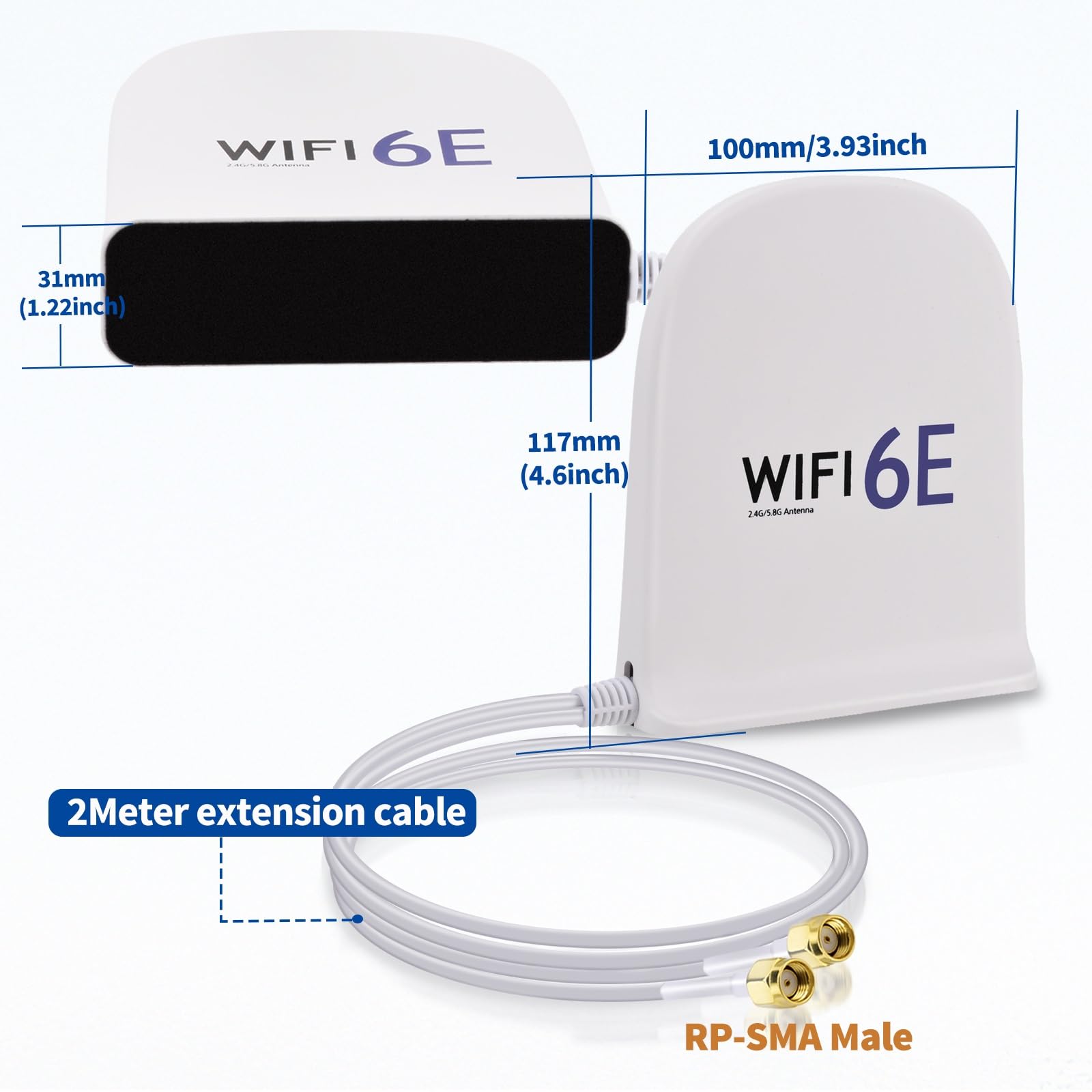 Bingfu Antenne WiFi 6E tri-bande 2,4 GHz 5 GHz 6 GHz MIMO RP-SMA mâle Base magnétique 8 dBi Antenne blanche avec câble de 2 m pour routeur WiFi, carte réseau sans fil, PC, carte mère PCI PCIe, caméra