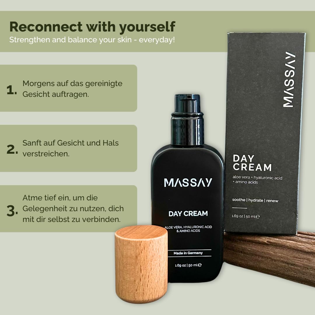 Crema viso per donne e uomini, 50 ml, crema idratante con acido ialuronico, aloe vera e aminoacidi, realizzata a mano in Germania, idratante faccia, Massay