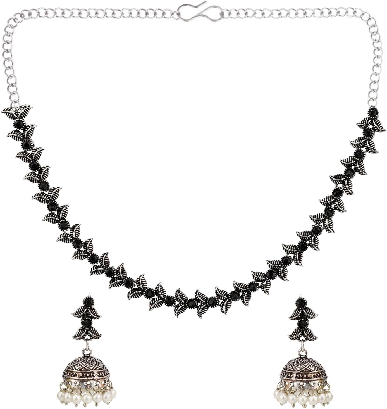 Efulgenz Oxidized Choker Set Indian Jewelry Sets for Women Boho Crystal Stone Oxidized Necklace Jhumka Jhumki Dangle Earrings Oxidized Choker Necklace Earrings Set