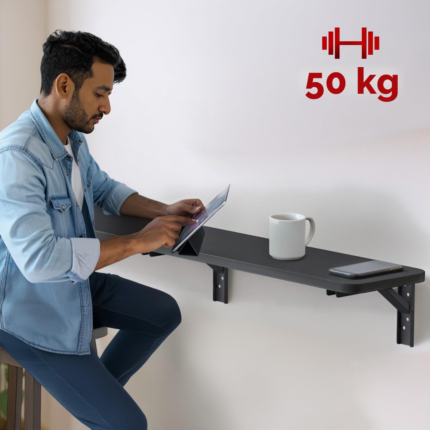 Maclean étagère Murale Pliante capacité de Charge 50 kg Table Pliante avec Serrure de sécurité Bouton de Pliage Inclus Niveau pour Cuisine Salle de Bain (Noir, 100x20 cm)