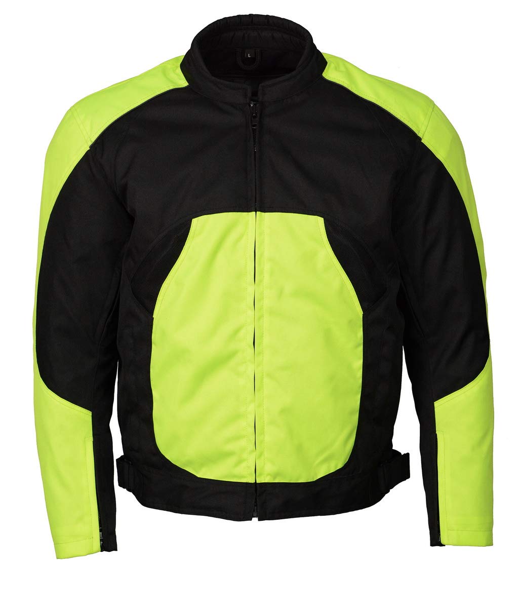 M-Boss Motorcycle Apparel BOS11701 Men's High-Vis Green Nylon Motorcycle Racer Riding Jacket with Mesh Panel Black - Large