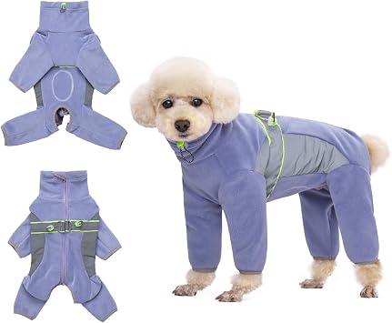 HDKUW Puppy Dog Jumpsuit,Plush Fleece Puppy Onesie with D-Ring and Reflective Strips,Long-Sleeved Dog Cold Weather Coats for Small Medium Dogs XL, Purple