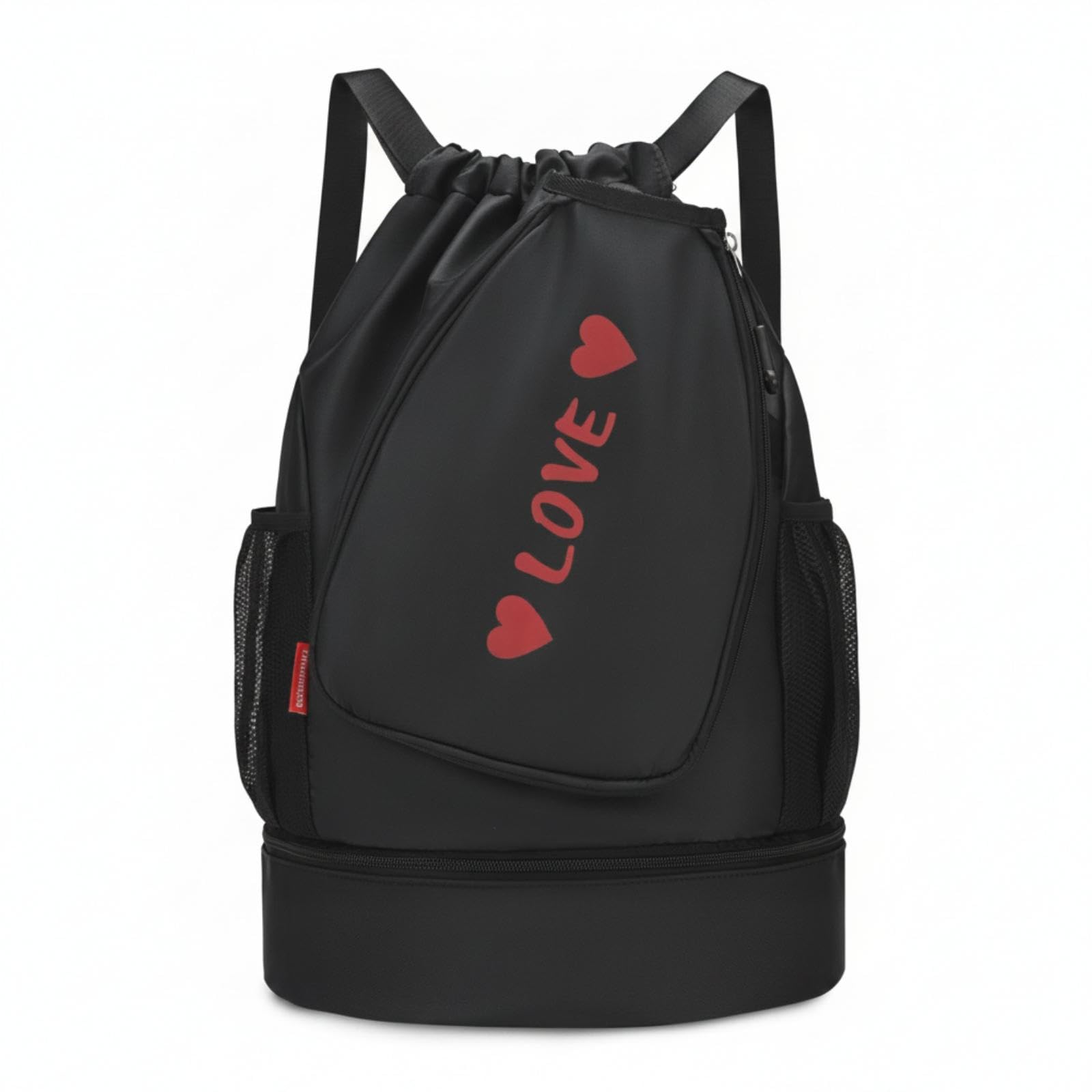 Drawstring Backpack Zippered Multi-Compartment Backpack Mesh Pockets Gym Sack Black-image-13