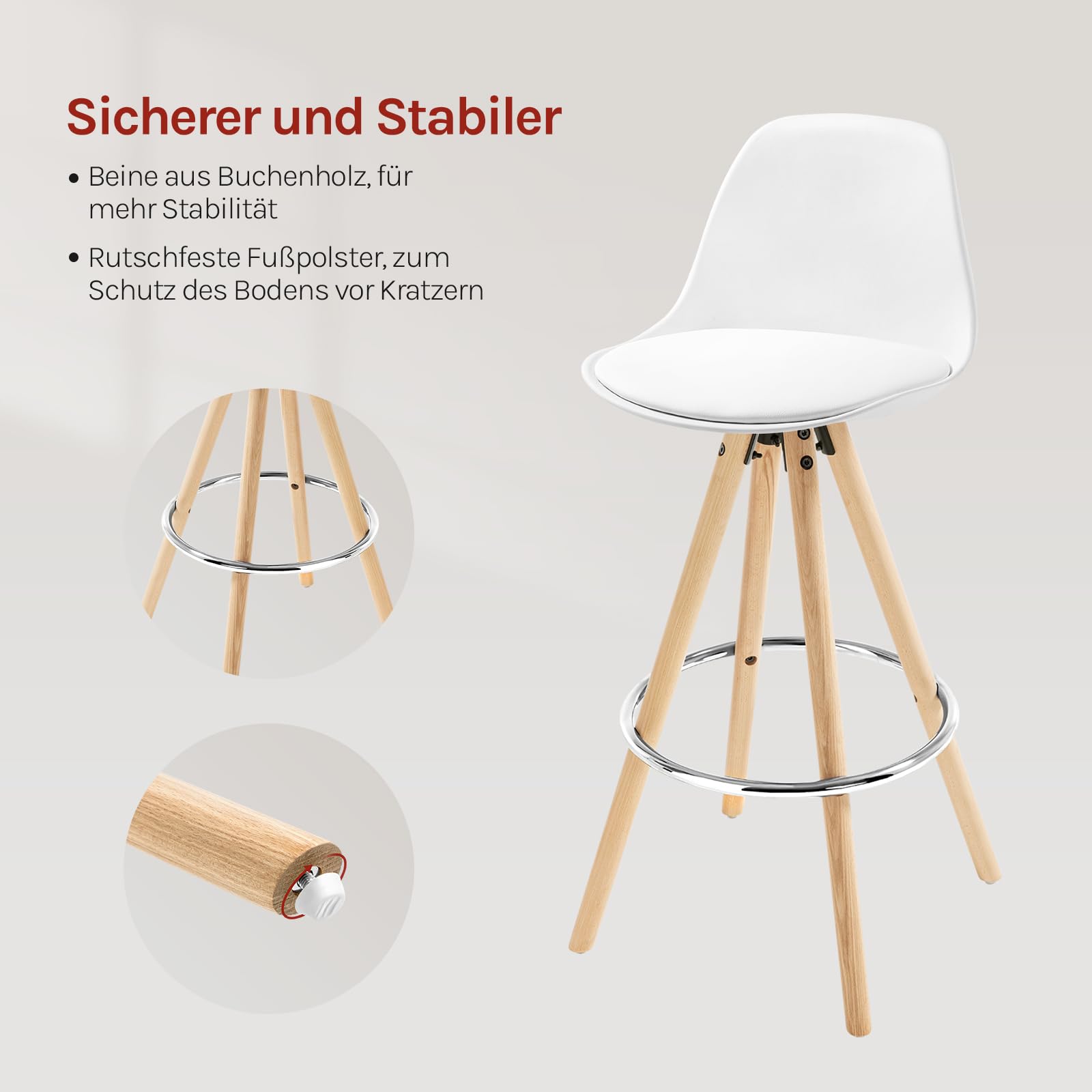 WOLTU Barhocker 2er Set Barstuhl aus Kunststoff Holzgestell mit Lehne + Fußstütze Design Stuhl Küchenstuhl optimal Komfort Weiss