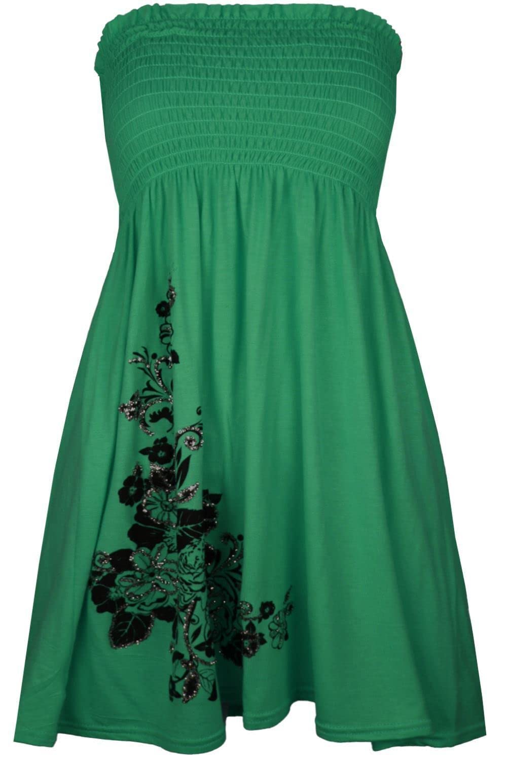 Women’s Strapless Printed Bandeau Top Sheering Ruched Boob Tube Vest Sleeveless Gathered Mini Dress Summer Beachwear - Green - UK 8-10