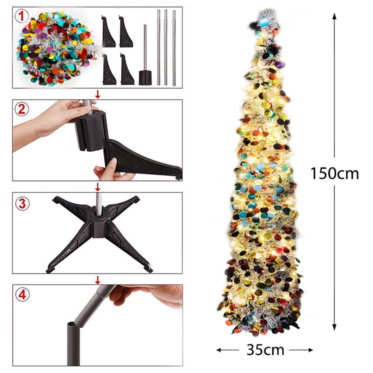 Pop-Up Artificial Christmas Tree with 100LED Lights,Collapsible Pencil Christmas Trees for Holiday Carnival Party Christmas Decorations (Colorful-White)