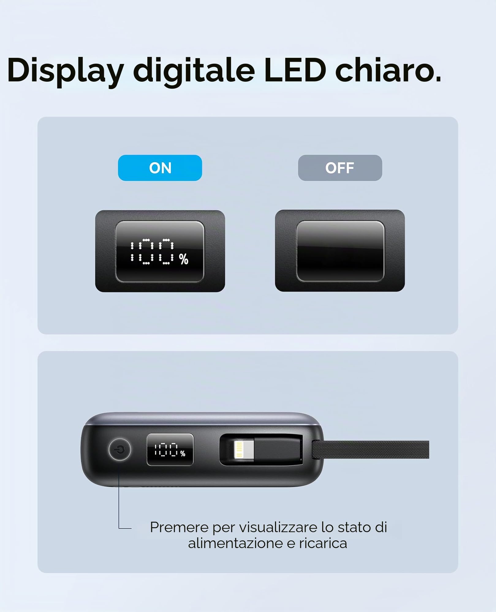 VENTION Mini Power Bank 10000mAh 45W Ricarica Rapida, con Cavo USB-C Integrato & Display Intelligente, Caricatore Portatile 3 Porte Compatibile con iPhone 16/15/14 Pro Max Plus, iPad, Galaxy S24 Ultra