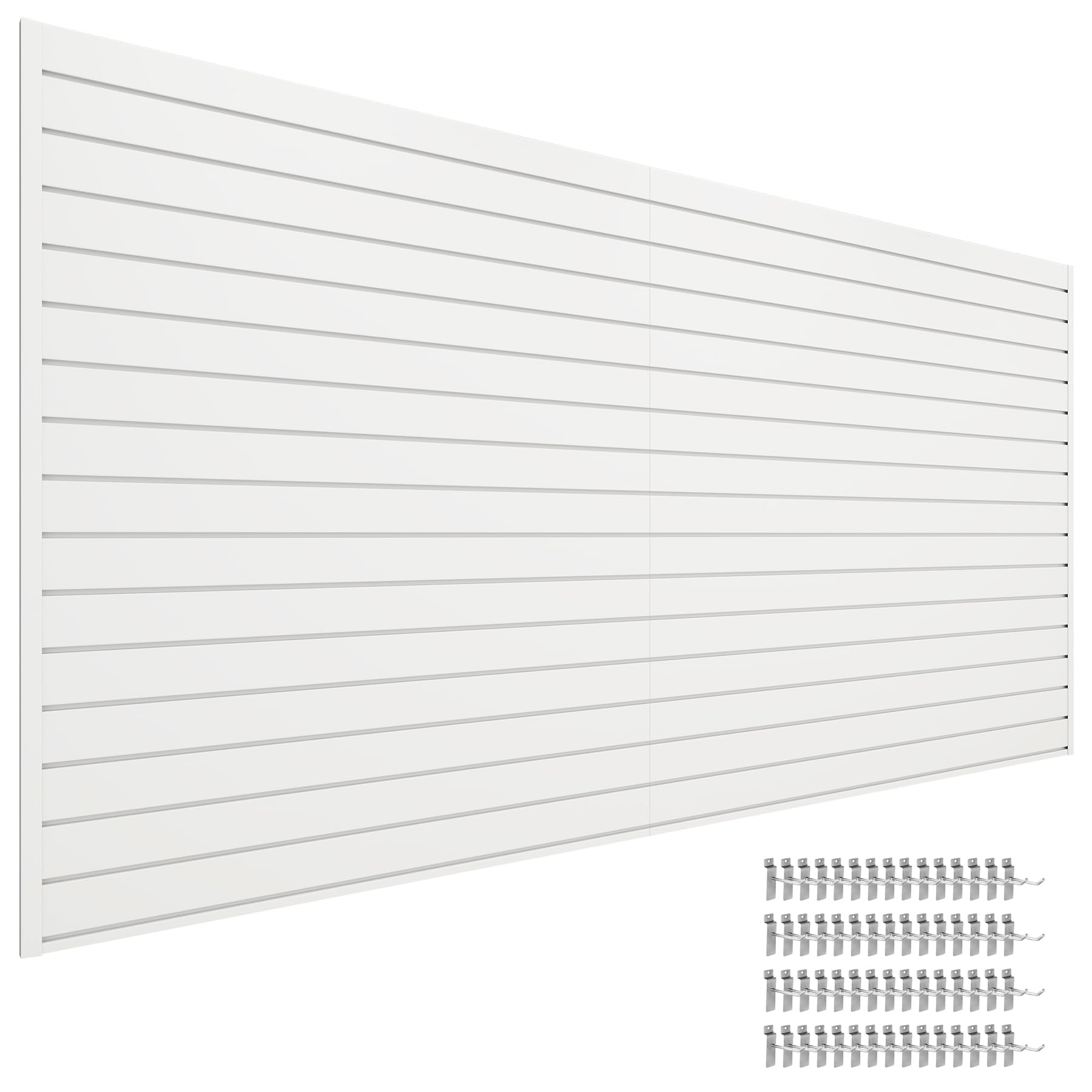 Slatwall Panel 8 FT x 4 FT, Interlocking Slat Wall Paneling Garage Wall Organizer, PVC Slat Wall Panels with 60 Hooks, Suitable for Garage Wall Storage, Slatwall Board, Shelves - 32 SQFT