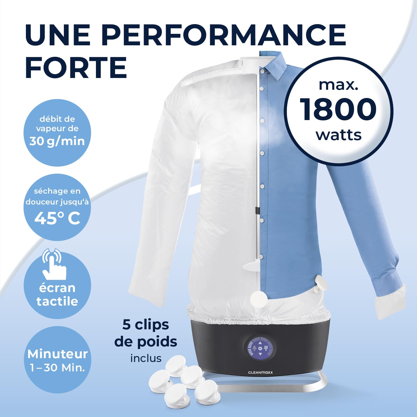 CLEANmaxx PRO STEAM presse à repasser automatique pour chemises avec fonction vapeur, écran tactile, Noir