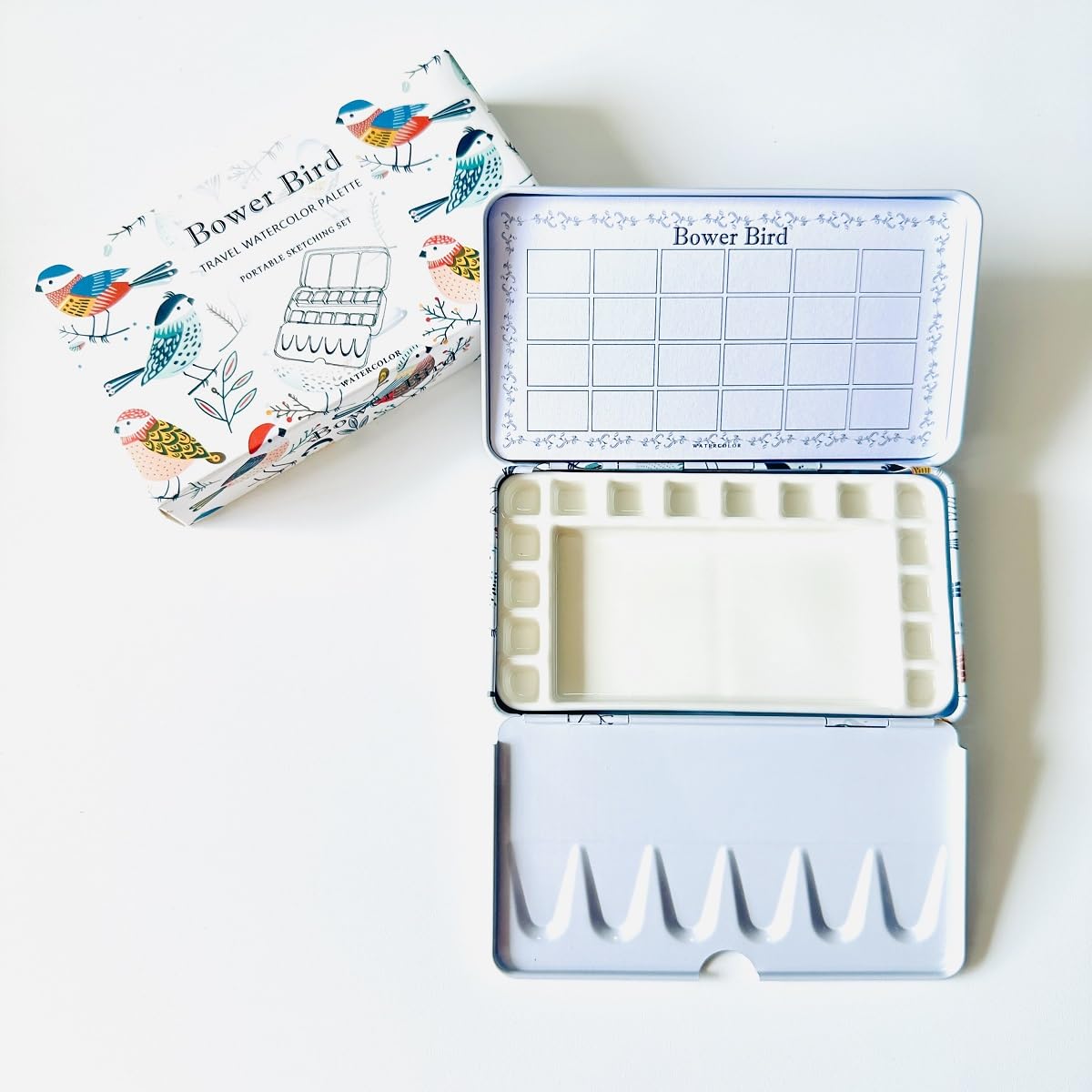 Bower Bird White Travel Watercolor Palette,Portable Ceramic Palette,Empty Paint Palette,Small Travel Metal Paint Boxwith Porcelain Palette (16Well)