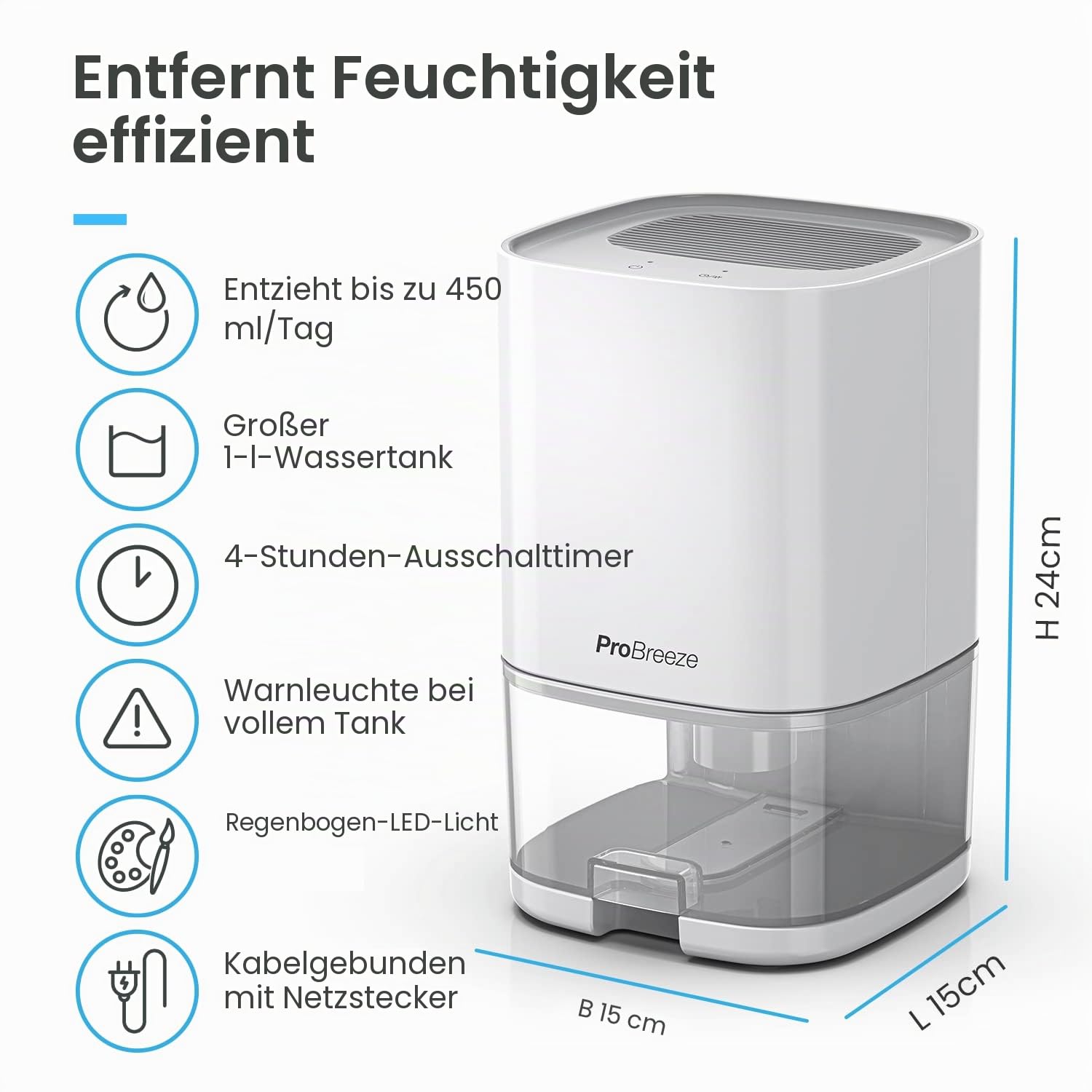Pro Breeze Luftentfeuchter 1000ml mit Zeitschaltuhr und Nachtlicht - Luftentfeuchter elektrisch gegen Feuchtigkeit, Schmutz, Schimmel in Badezimmer, Schlafzimmer, Kleiderschrank und Keller - Weiß