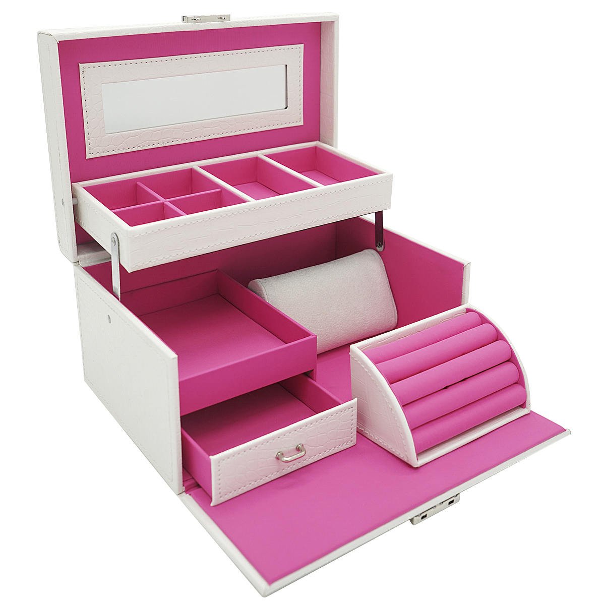 Jewelry Box Wooden and Leather Mirrored Multi-Tier Storage Case Lockable Jewelry Orangizer