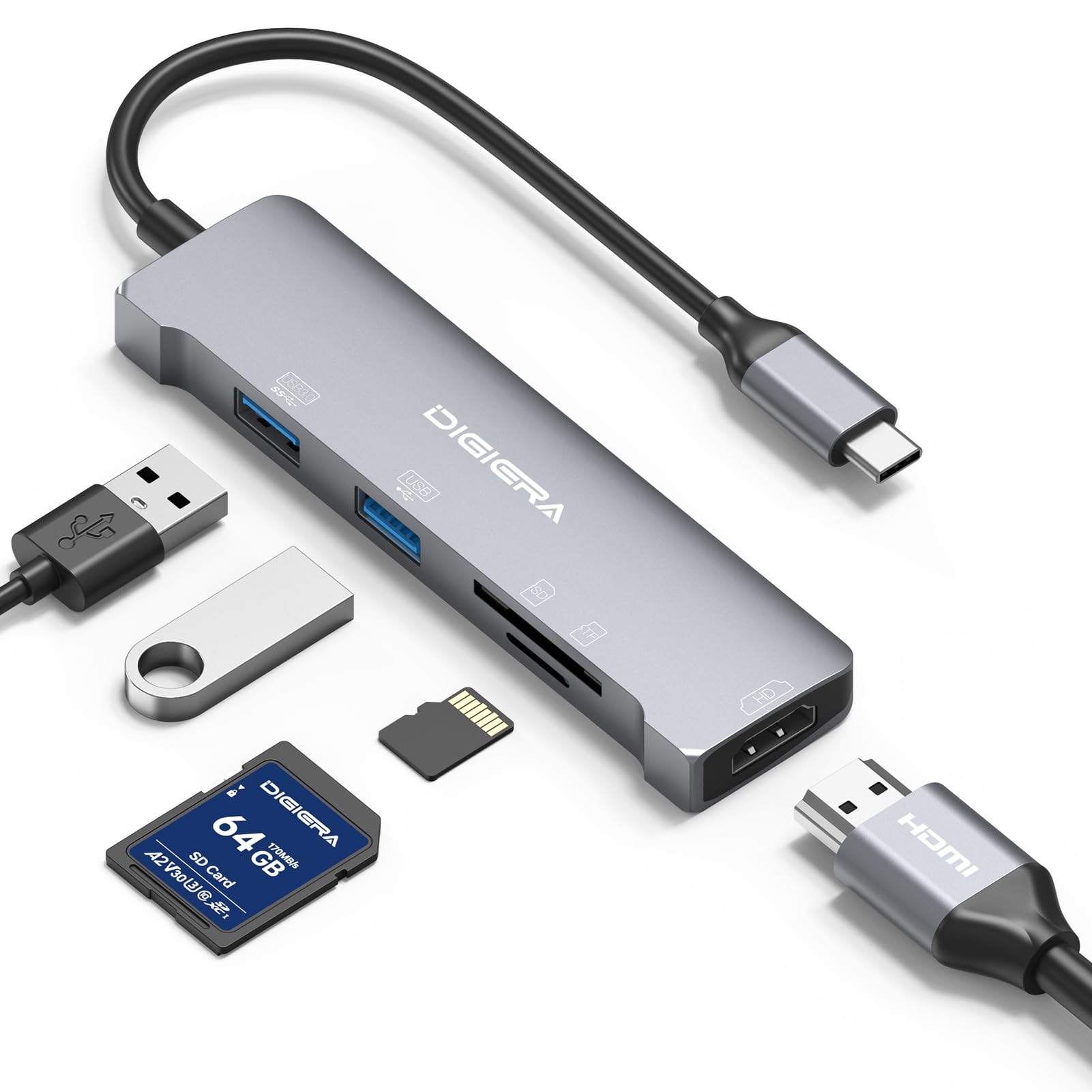 Hub USB C, 5 w 1 USB-C na HDMI z wyświetlaczem HD 1080p, USB 3.0 5 Gb/s, port USB 2.0, port USB 2.0, czytnik kart SD/MicroSD do laptopów HP i innych (szary)