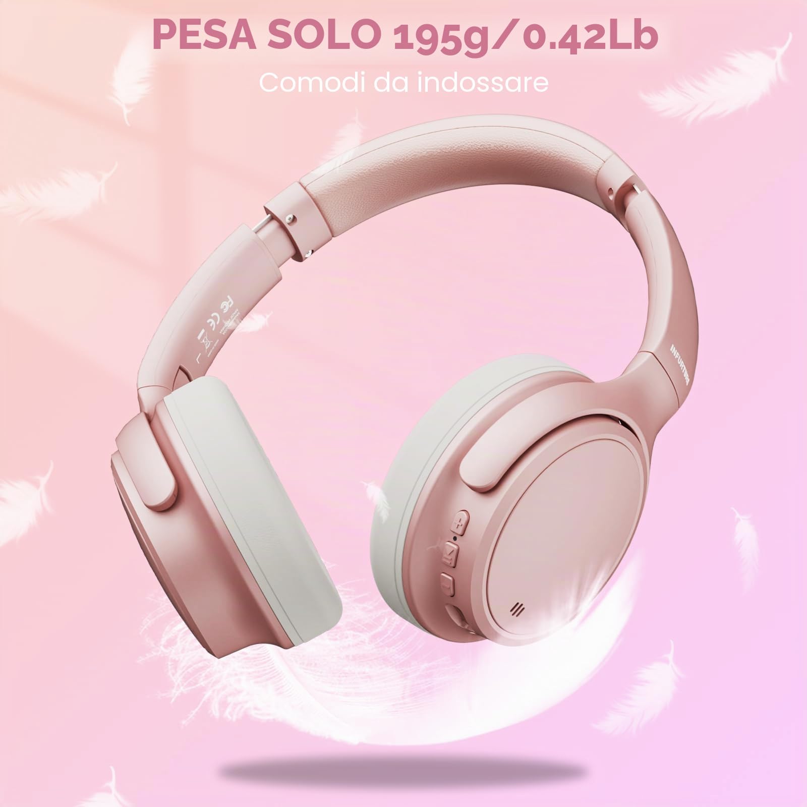 INFURTURE H1 Plus - Cuffie ibride con doppia alimentazione e cancellazione attiva del rumore, con modalità EQ, wireless, con 4 microfoni, 90 ore di autonomia, leggere, per casa, viaggi, ufficio (rosa)