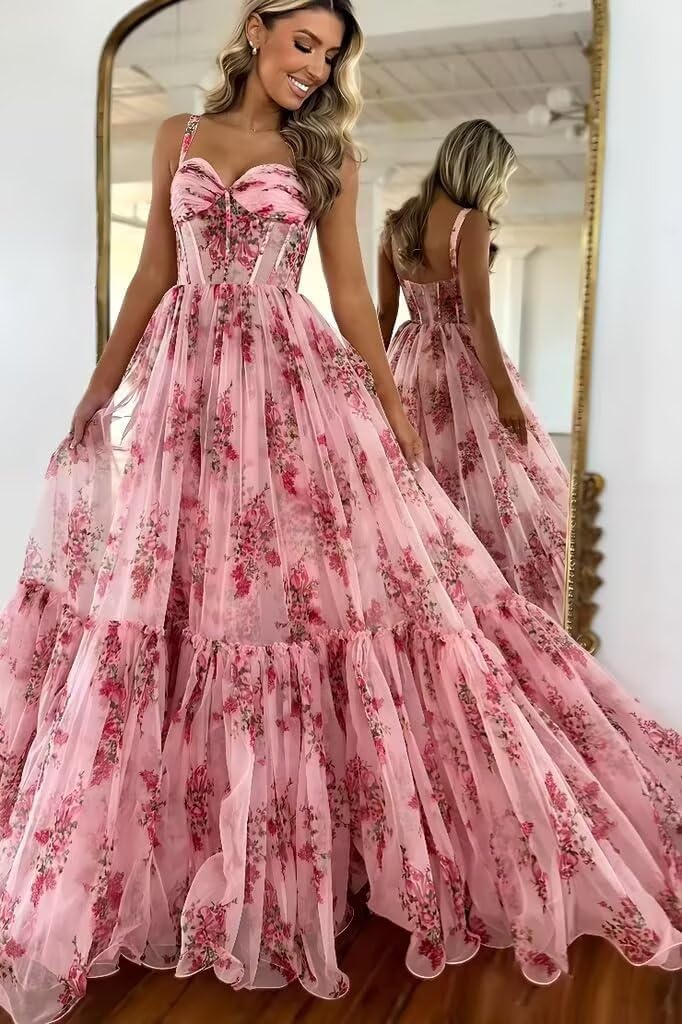 Women's Printed Floral Chiffon Prom Dress Spaghetti Straps A Line Long Ruffles Bridesmaid Evening Formal Ball Gowns