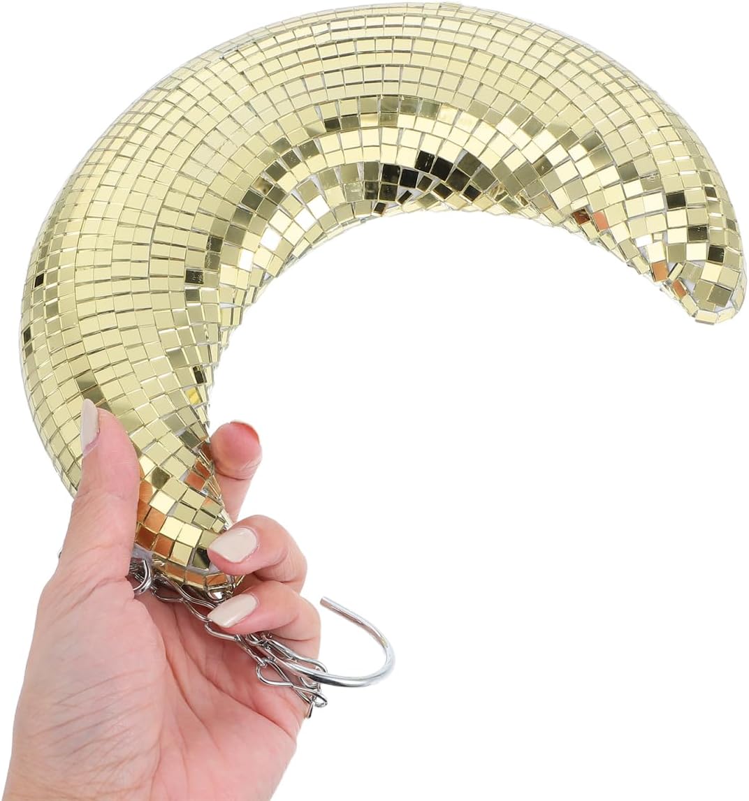 Housoutil Gold Moon Disco Ball, 8 Inch Hanging Disco Decor, Crescent Moon Decor for Room, Vintage Golden Mirror Ball Ornament for Boho Home, 70s Retro Party