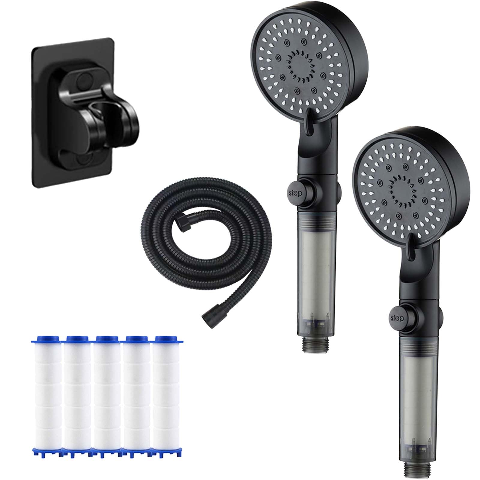Juego de alcachofas de ducha de mano con filtro de 5 modos de alta presión Hydroboost con lavado a presión para agua dura, paquete de 2 unidades, color negro, fuerte flujo de agua y ajustes ajustables