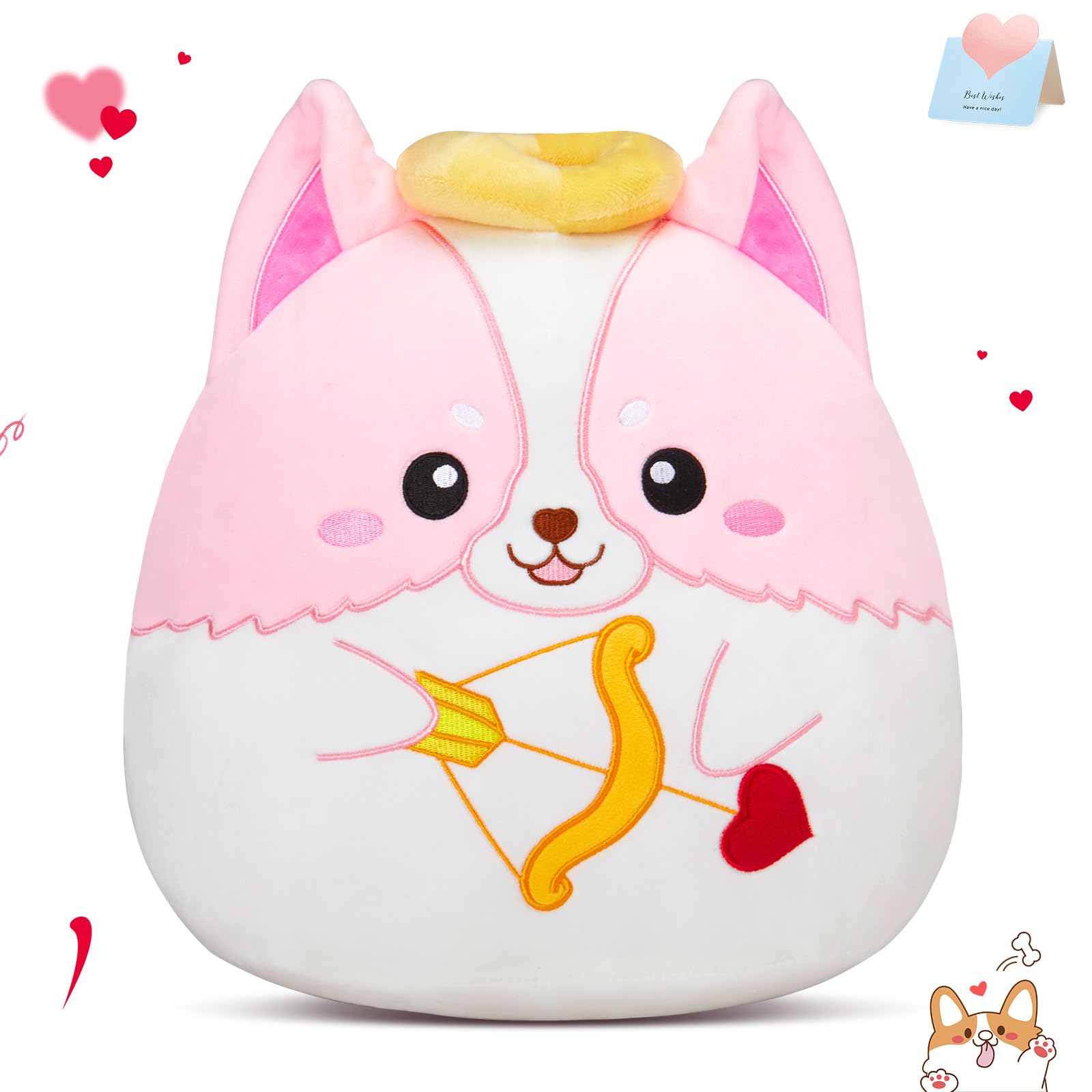 Houwsbaby 14" Cupid Dog Plush Pillow, Creative Valentine's Day Cute Dog Stuffed Animal Cushion with Bow and Heart Arrow, Super Soft Romantic Gift for Lovers, Family, and Friends