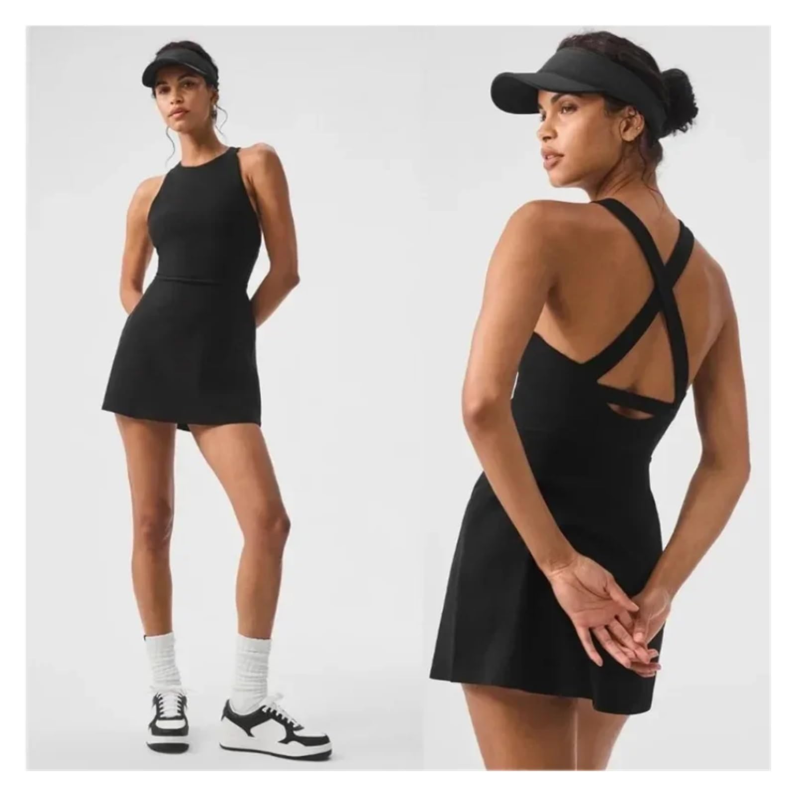Vestido Tenis Mujer Falda Suave cómoda de la Yoga de los Deportes de la Tela del Cuello Alto construida en Vestido del Tenis de los Pantalones Cortos(White,M)