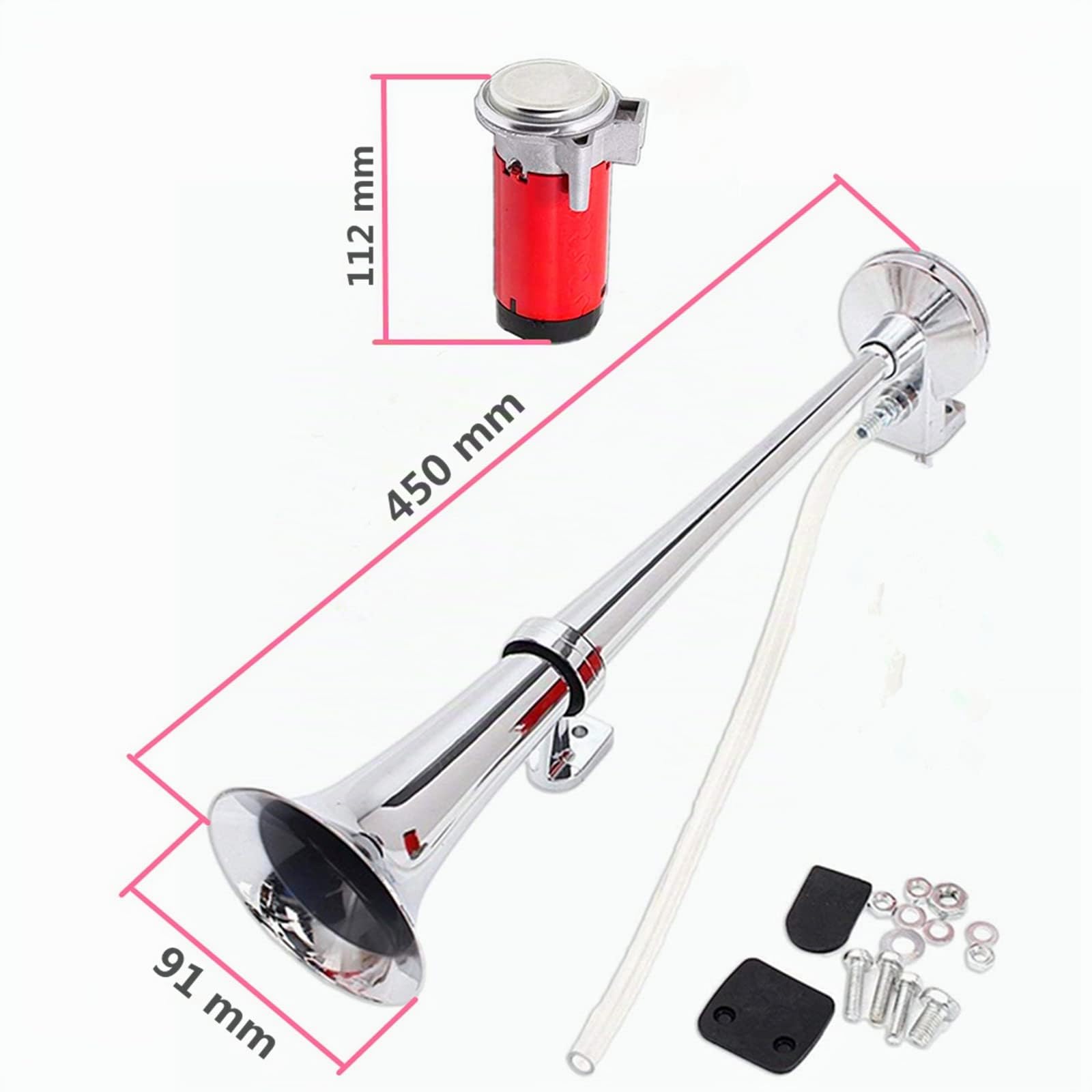 Klaxon de Voiture Chrome Zinc 150DB 45cm Trompette Simple Avec Compresseur de Pompe à Air Rouge Pour 24V Camion Bateau