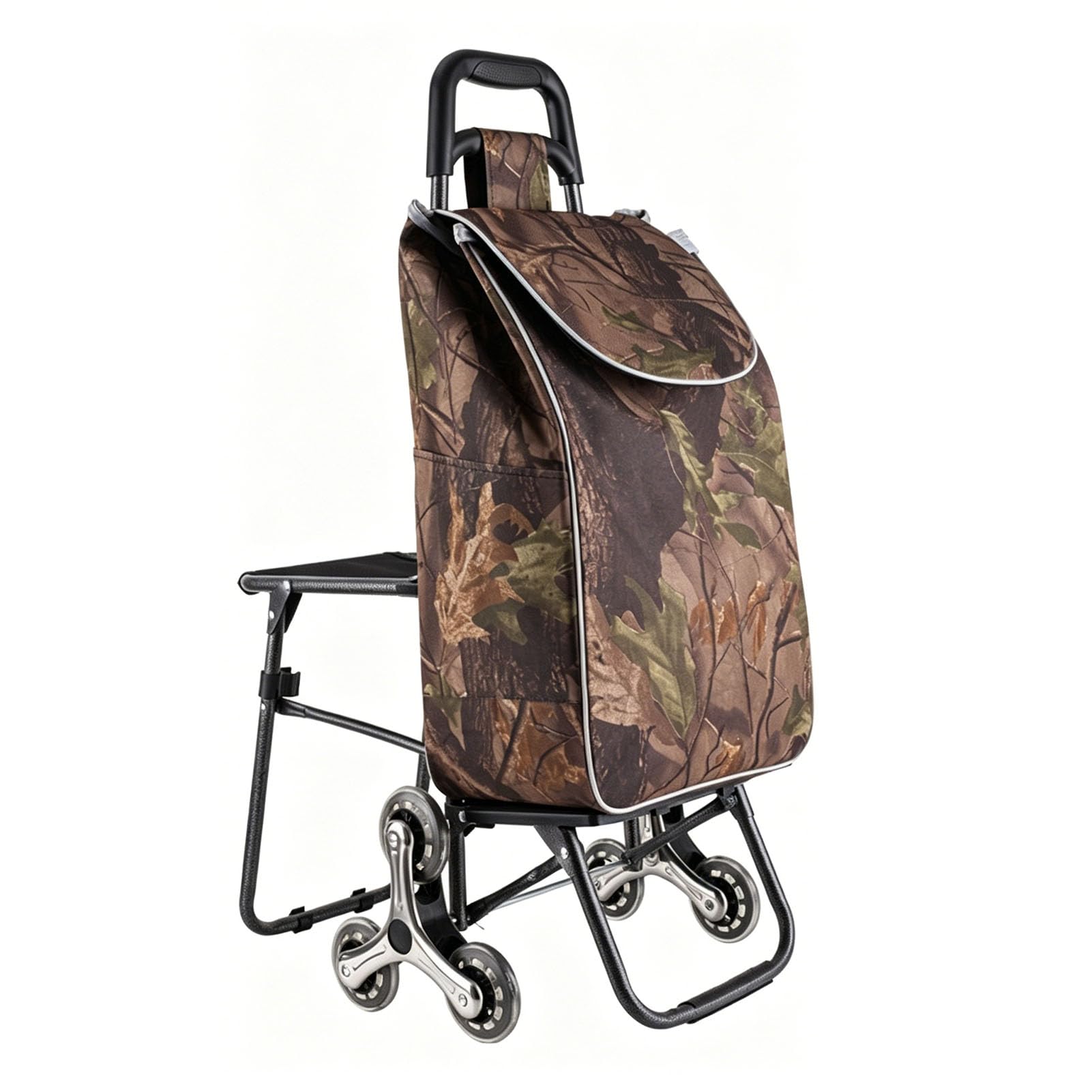 JYHCD Foldable Shopping Trolley with Attached Seat, 6-Wheel Stair Climbing Design for Grocery Transport, Portable Pull Cart for Household Shopping with Large Capacity Storage Bag,F