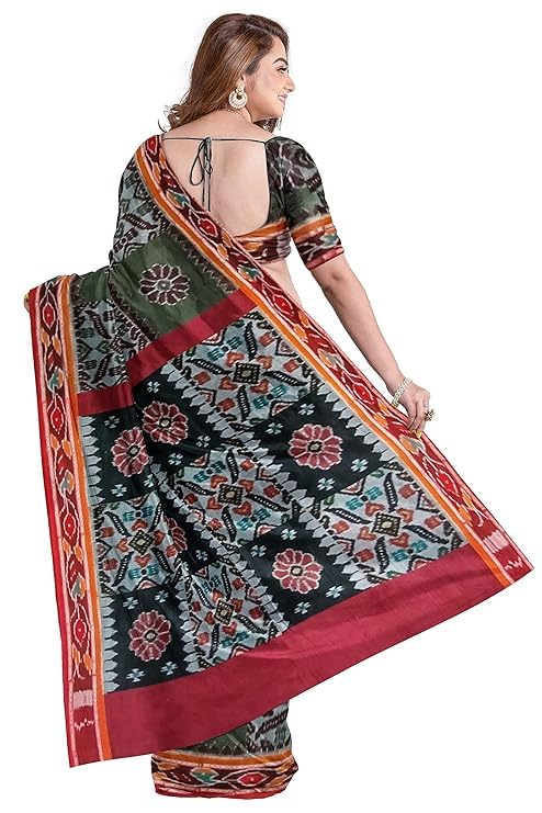 Image of Ikat Women's Cotton Saree, Handmade Pure Cotton Khandua Saree, Ikkat Orissa Traditional Handloom Saree without Blouse