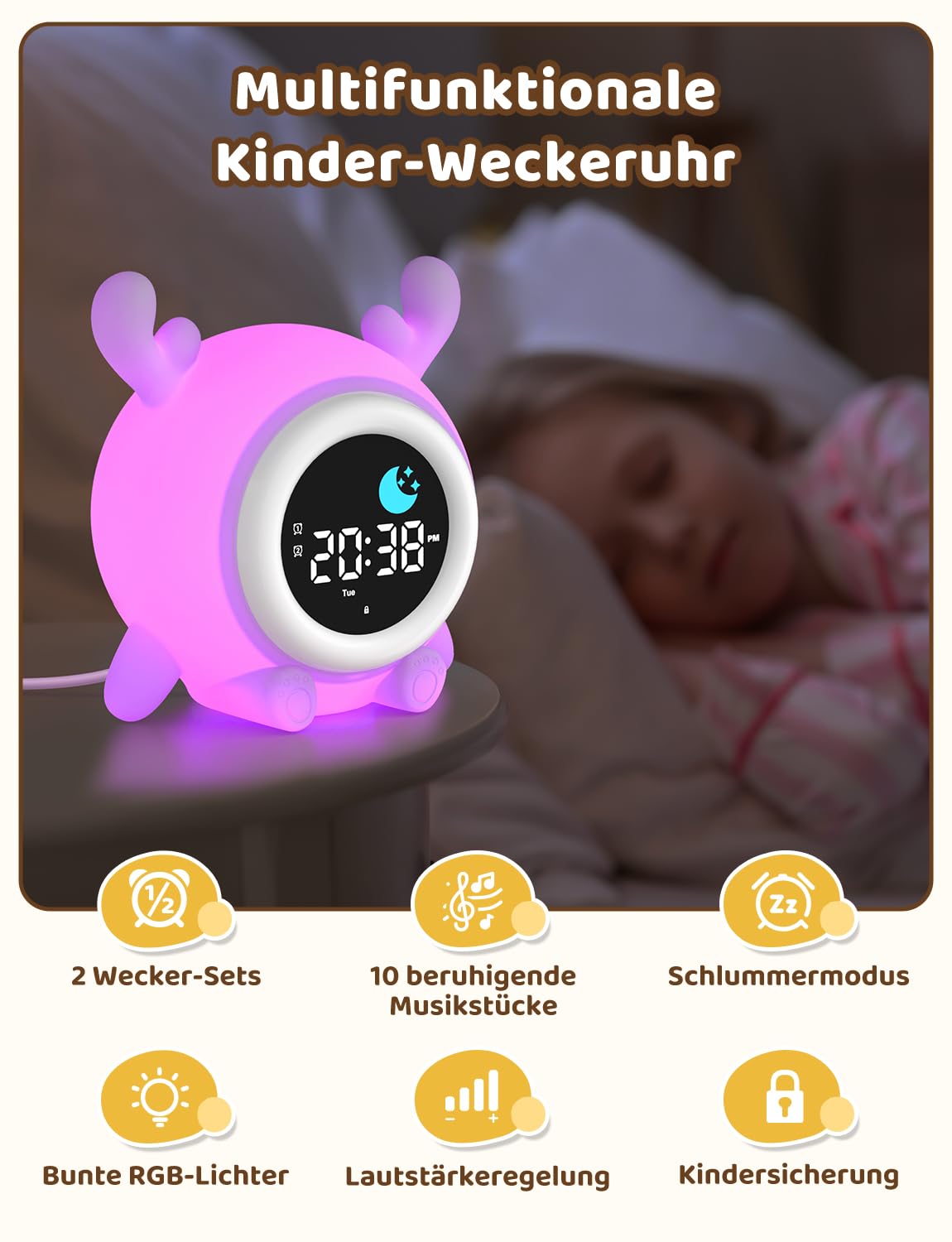 Yissvic kinderwecker Jungen, Schulanfänger Lernwecker Kinder 2 Alarme, Wochenendmodus Snooze 10 White Noise RGB Nachtlicht Wecker,Kinderzimmer Deko Rentiere