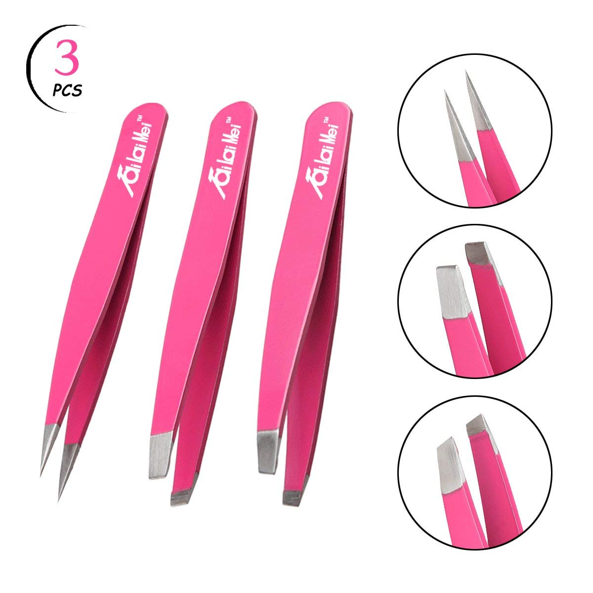 3 Premium Stainless Steel Eyebrow Tweezers with Leather Case, Tweezers