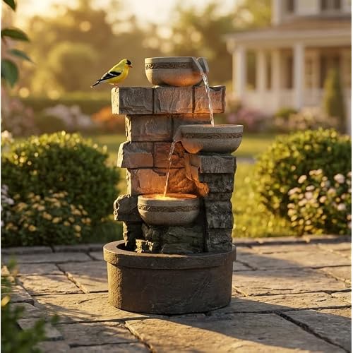 3 Tier Stacked Stone Outdoor Water Fountain, 27 Inch Freestanding Cascading Waterfall Fountain with Built-in Pump, Bird Bath Rest Station for Garden, Backyard & Lawn