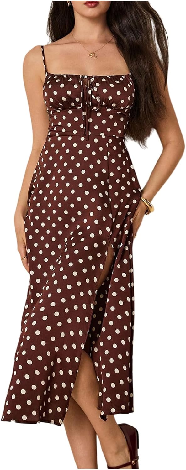Milumia Women's Polka Dots Spaghetti Strap Maxi Dress Tie Front High Slit Flowy Sundresses
