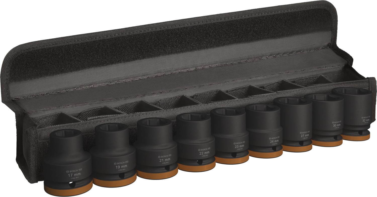 Bosch Juego de 9 llaves de vaso Pro Impact (63 x 56 mm, accesorios profesionales para taladro y destornillador)