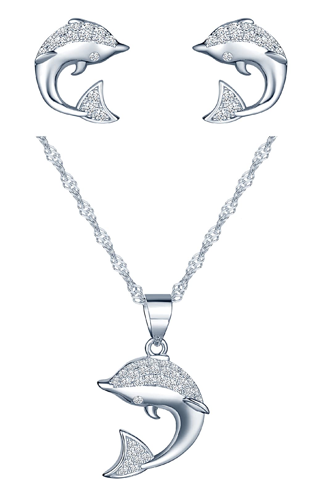 CPSLOVE Collares para mujer niña, Pendientes para mujer niña, Juegos de joyas de plata 925, collar colgante de delfines lindo, pendientes de delfines, circón con incrustaciones