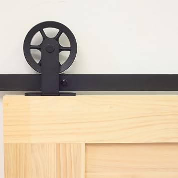 Homacer Black Rustic Non-Bypass Sliding Barn Door Hardware Kit, for One/Single Door, 8ft Long Flat Track,T-Shape Spoke Wheel Design Roller, Heavy Duty, for Interior & Exterior Use