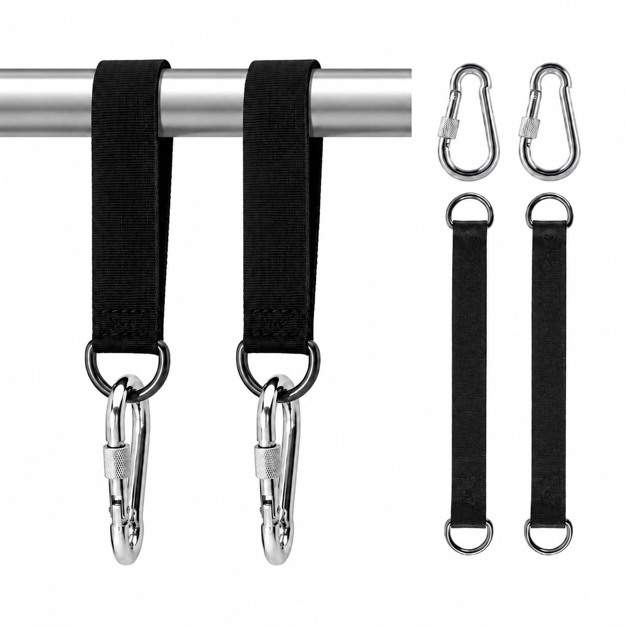 2Pcs Hammock Attachment, 30 cm Black Nylon Hanging Strap Kit with Carabiners and D-Rings, Swing Attachment Accessories for Garden Hammock, Hanging Chair, Tree Swing, Travel, Storage and Outdoor Use