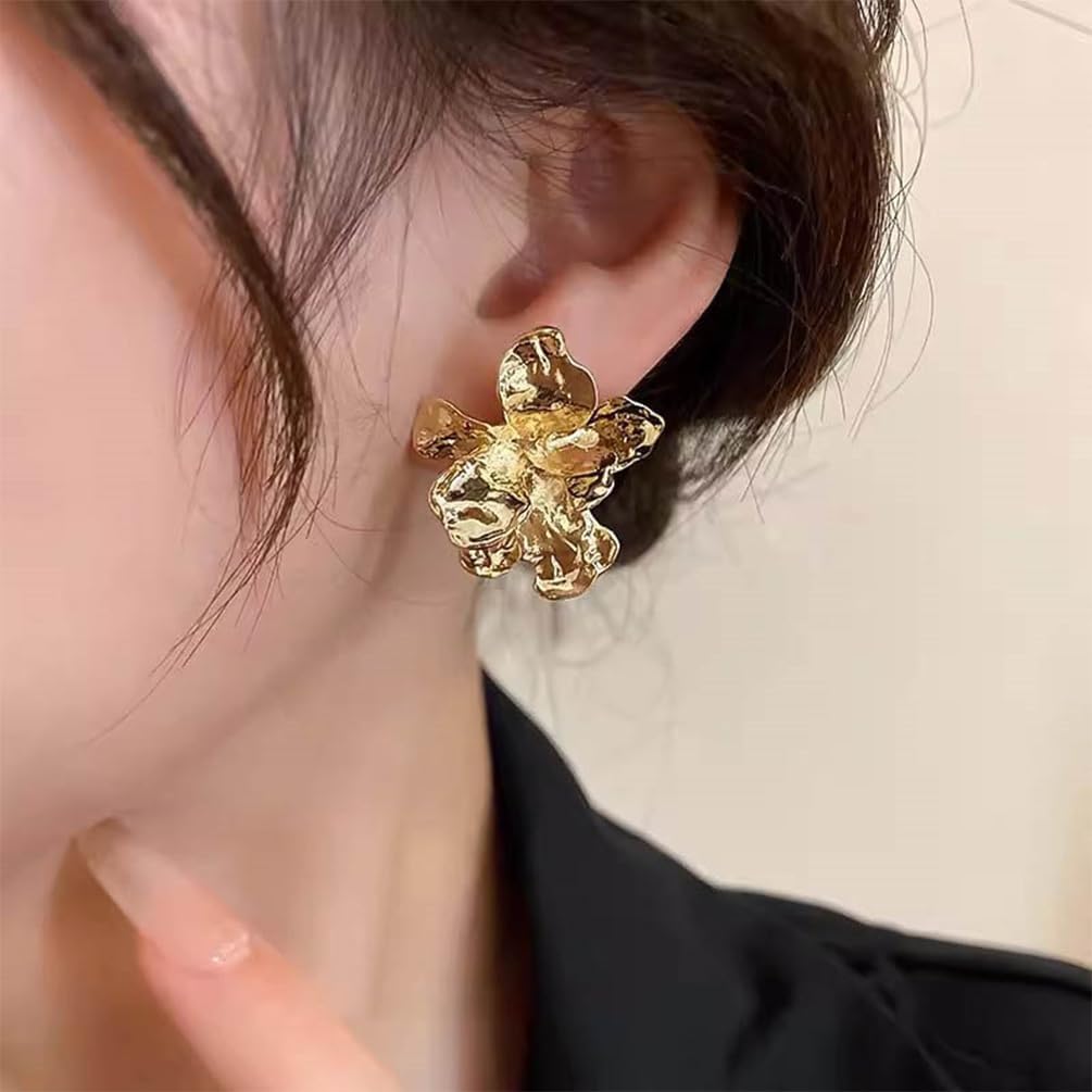 Gold Statement Big Metal Flower Earrings for Women Trendy Vintage Irregular Geometry Floral Stud Drop Earring Unique Punk Party Bar Prom Jewelry Gift - Image 6