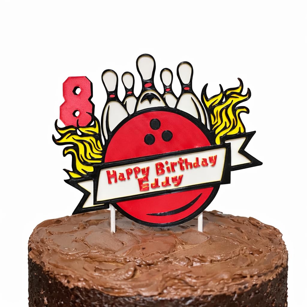 Bowling Theme Happy Birthday Cake Topper, 18cm Tall, Personalised, Biodegradable PLA