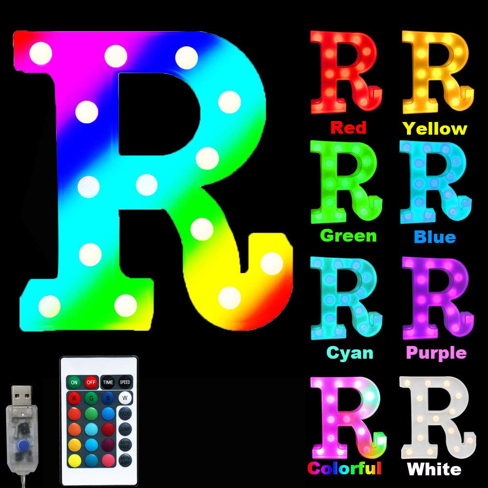 16 Color Changing Marquee Letter Light, Light Up Colorful 26 Alphabet Signs–Home Decor Name Signs –USB Powered LED Remote Timer –Lighted Vintage Accessories & Decorations-R