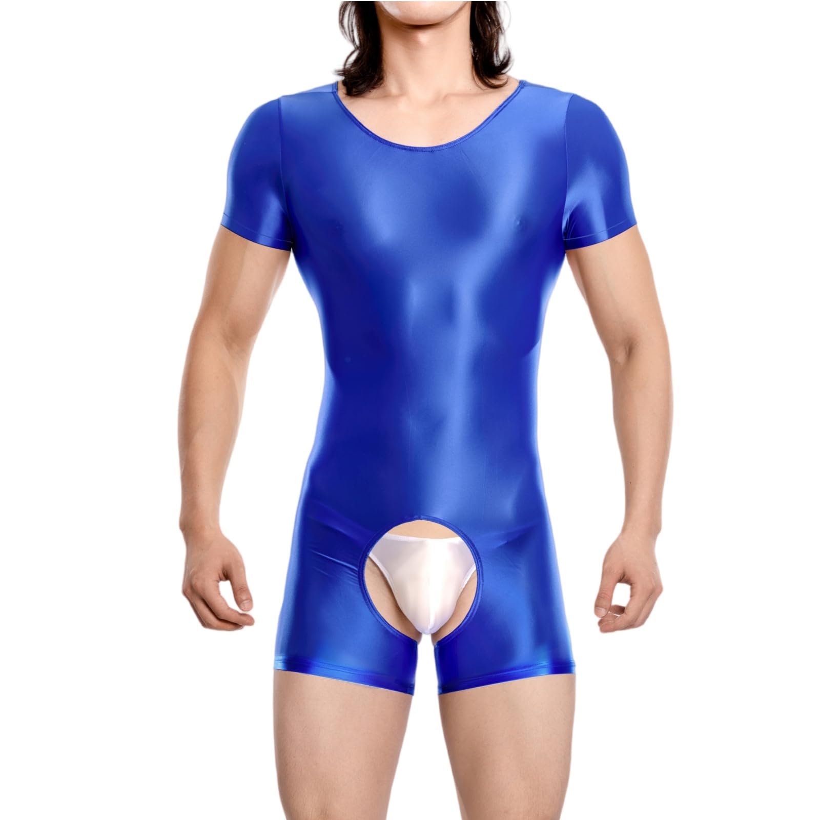 Hybursky Men's Glossy Bodysuit Short Sleeve Gym Jumpsuit Shiny Round Neck One Piece Seamless Leotard Wrestling Singlet Unitard Casual Workout Playsuits Festival Rave Nightwear, Blue/XL