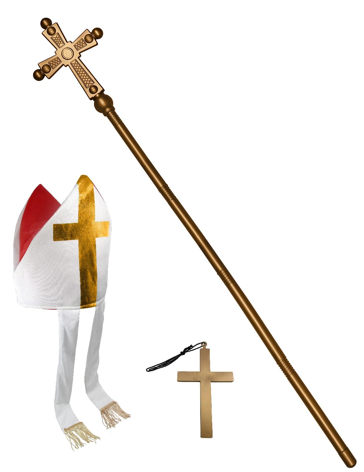 Nicky Bigs Novelties Morph Adult Bishop Priest Pope Hat Crucifix Necklace Gold Cross Staff Saint Costume Accessory Set