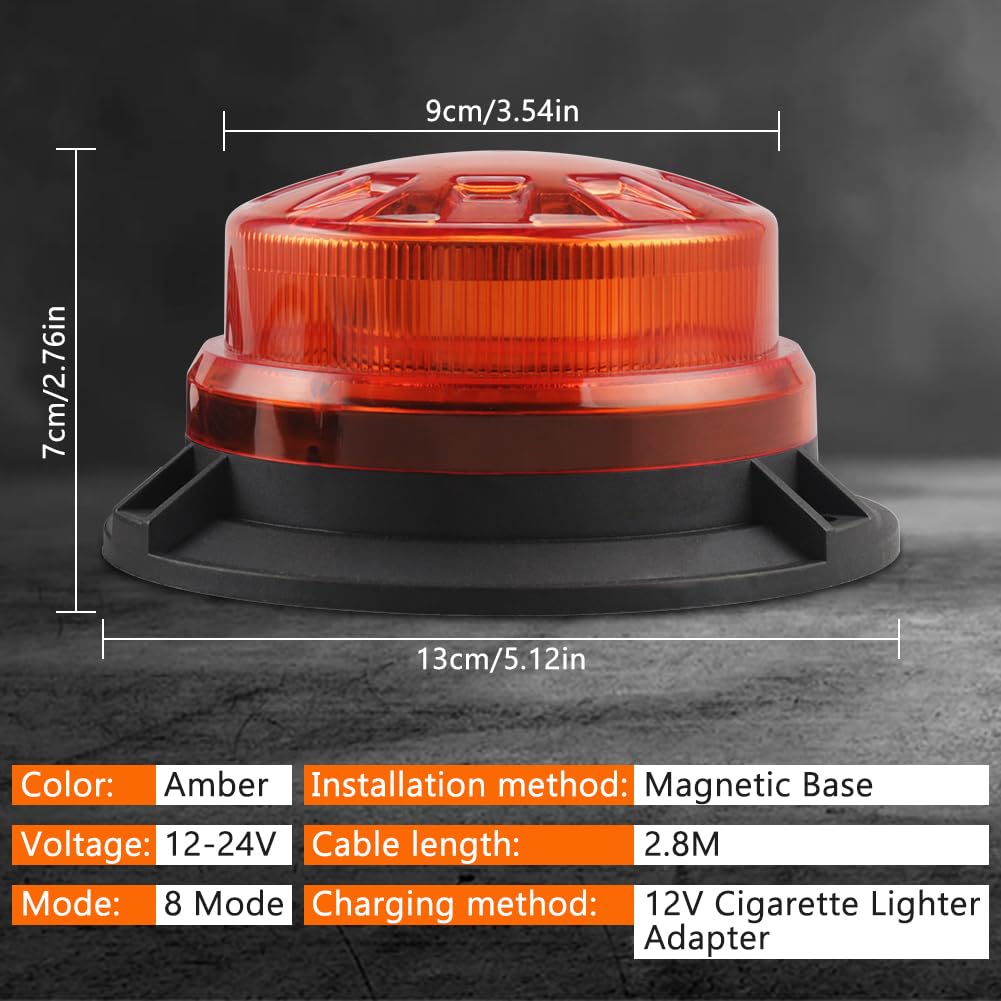 Faro a LED magnetico arancione 12 V/24 V con 8 modalità di flash 2,8 Meters-Cable lampada di avvertimento per Roulotte, carrello elevatore, trattore, veicolo auto