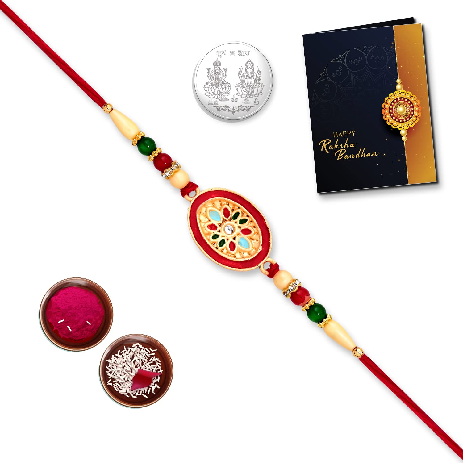 Multicolor Idol oval shaped rakhi / Bracelet (K1_514) with Silver Color Pooja Coin, Tilak Set & Greeting Card, Rakhi Set for brother, Fancy Rakhi for brother, bracelets for men stylish, handmade rakhi, chandi ki rakhis, Men bracelet, online Rakhi combo, Men bracelet, Set of 1-image-4
