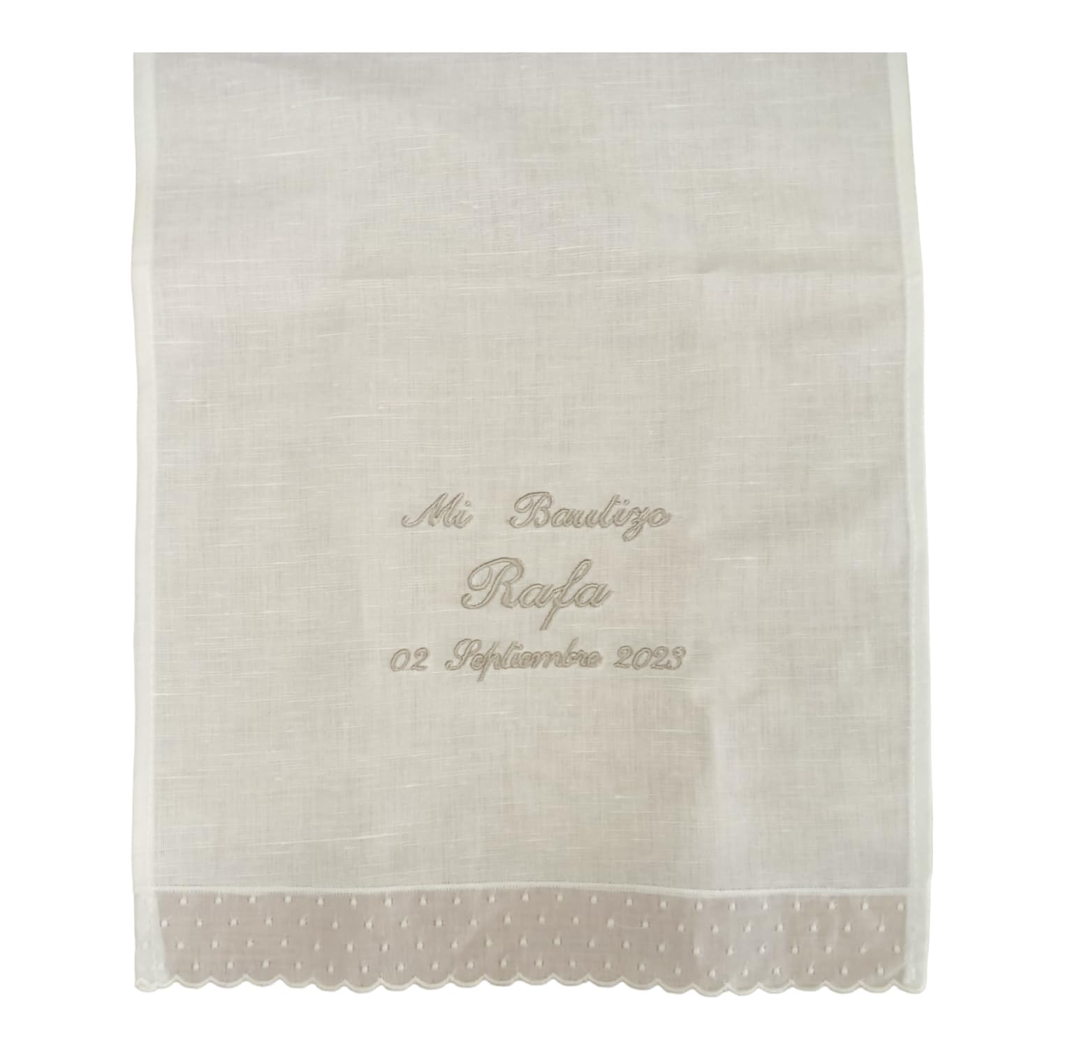 Kit de vela y pañuelo personalizado para bautizo – Pack de vela decorada para Bautizo y Paño bordado con nombre y fecha del Bautismo - Modelo Lino (Rústico)