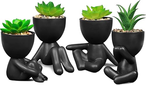 SEMSOIIO 4PCS Fake Succulents Artificial in Black Modern Human Shaped Ceramic PotsMini Succulents Plants Fake Plants Bathroom DecorCute Desk Decor