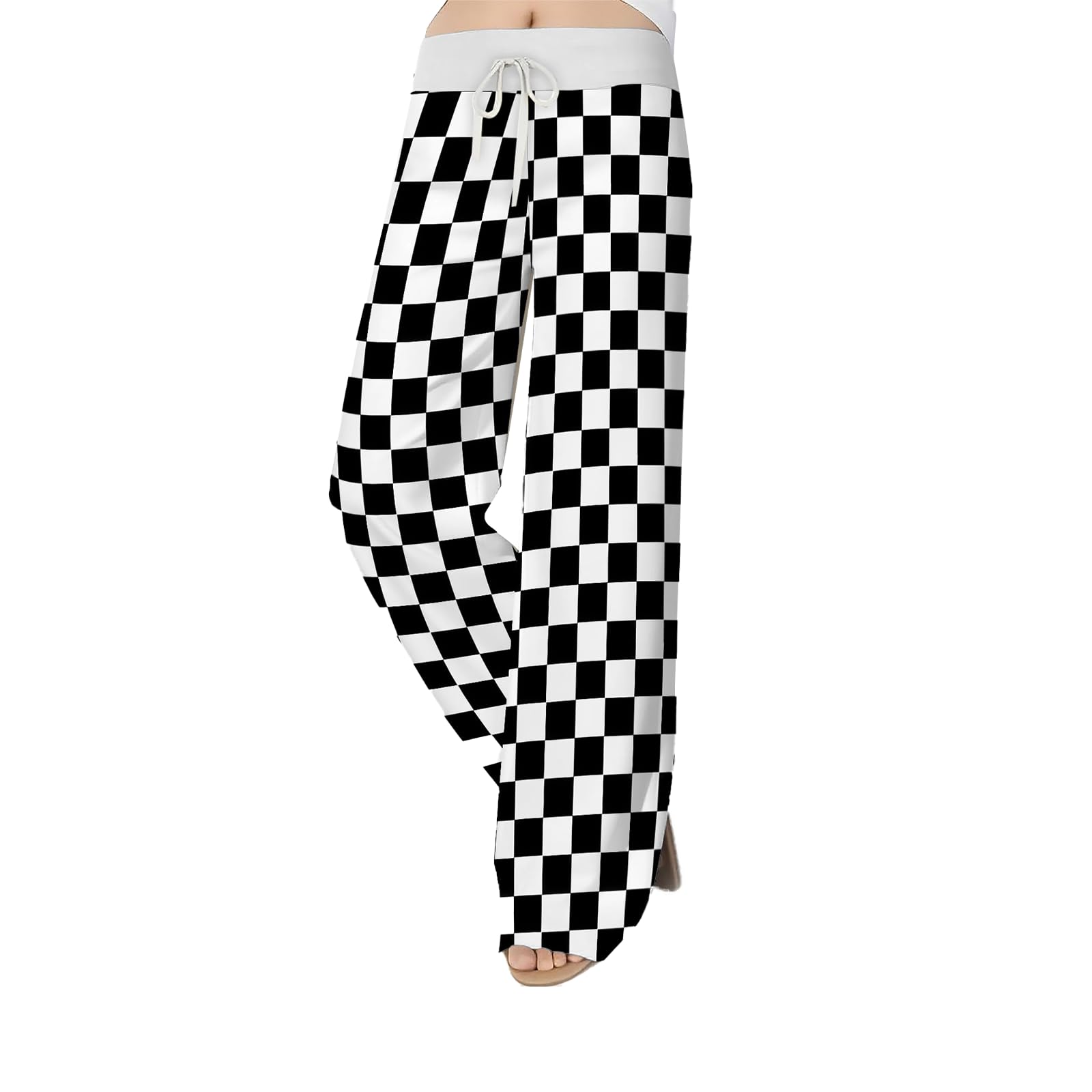Checkered Pants Women High Waist Casual Gingham Trousers Loose Fit Wide Leg Bottoms High Waist Plaid Sweatpants Lounge