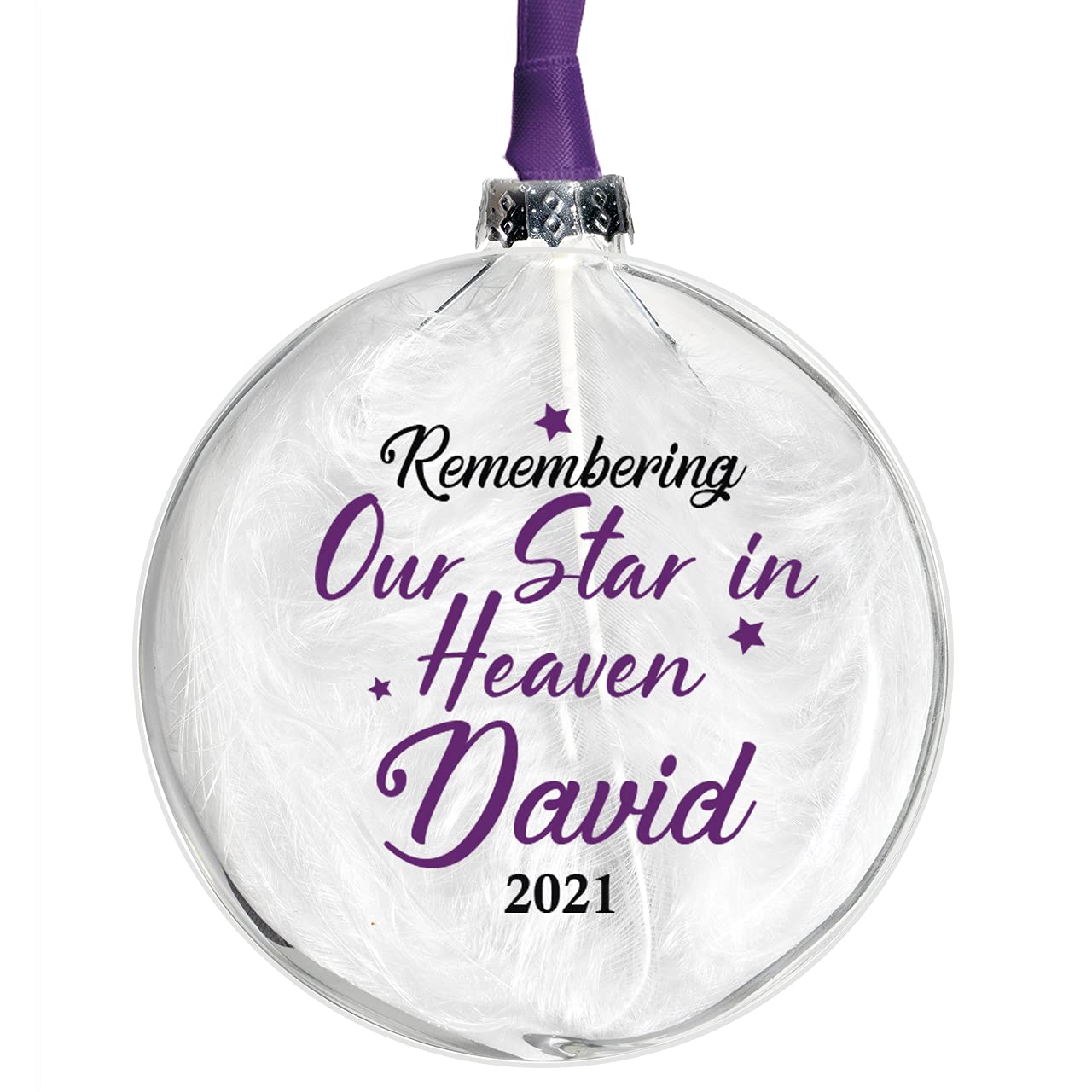 Personalised Memorial Bauble Glass In 10 Colours Filled With White Feather Remembering Our Star in Heaven Glass Christmas Tree Decoration (Purple)